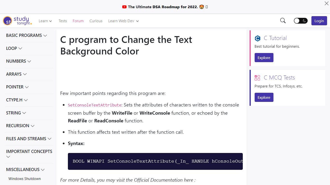 C program to Change the Text Background Color - Studytonight